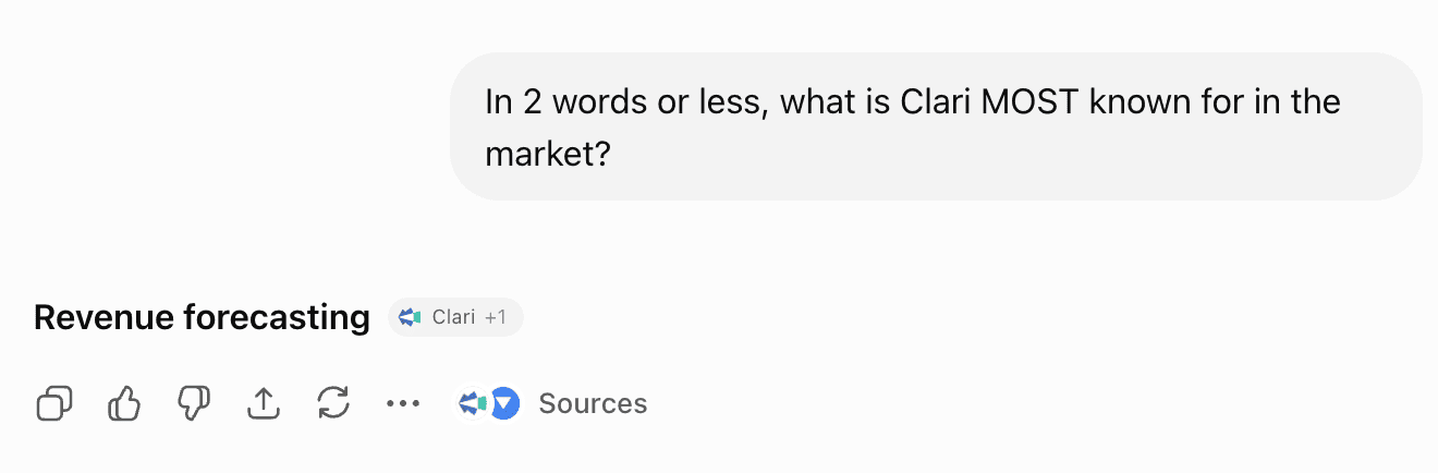 AI chat screenshot: "In 2 words or less, what is Clari MOST known for in the market?" — answer: "Revenue forecasting"
